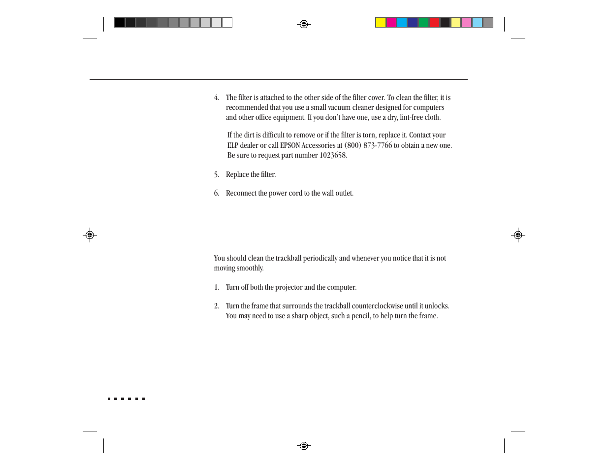 Cleaning the trackball | Epson ELP-3300 User Manual | Page 75 / 110