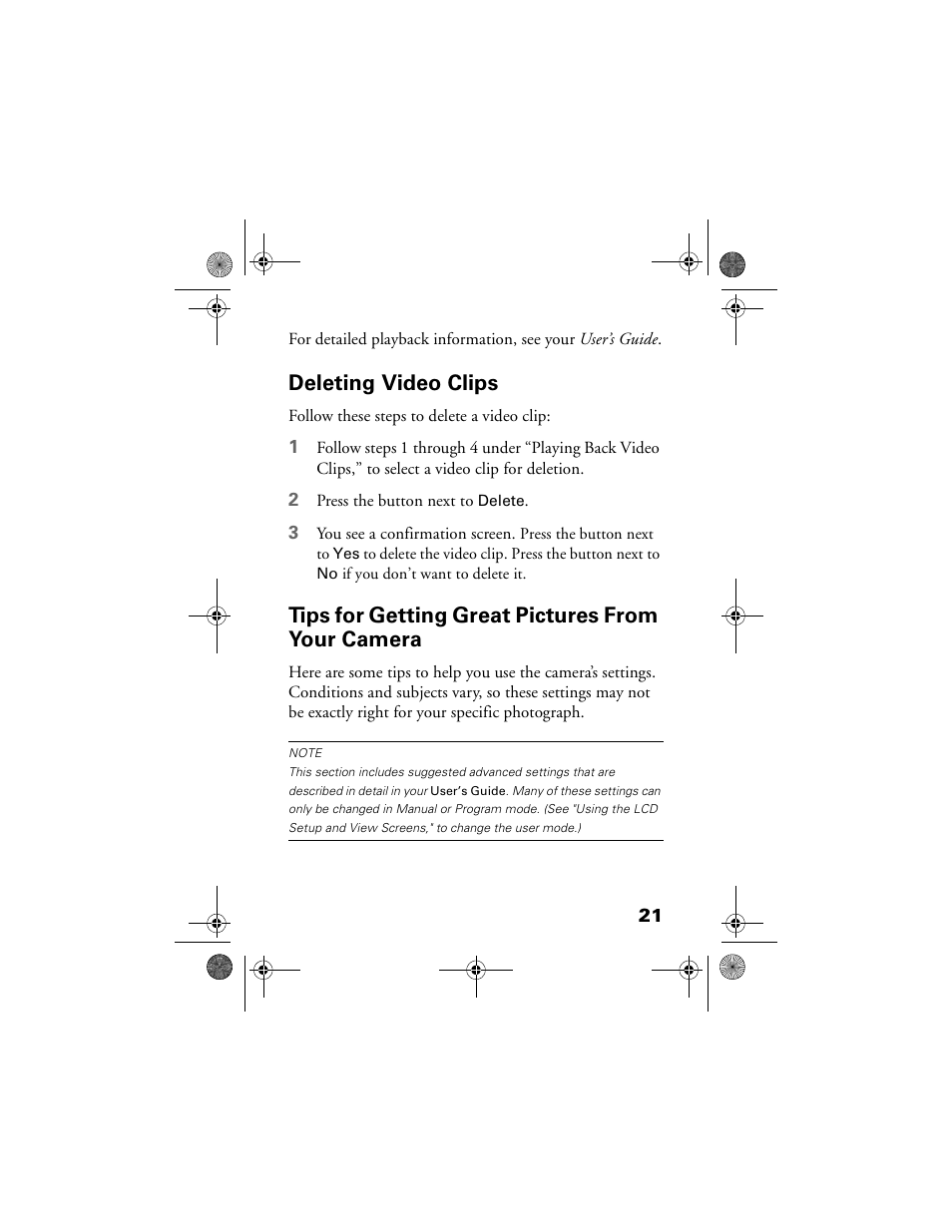 Deleting video clips, Tips for getting great pictures from your camera, Deleting video clips 21 | Epson 3000Z User Manual | Page 24 / 28