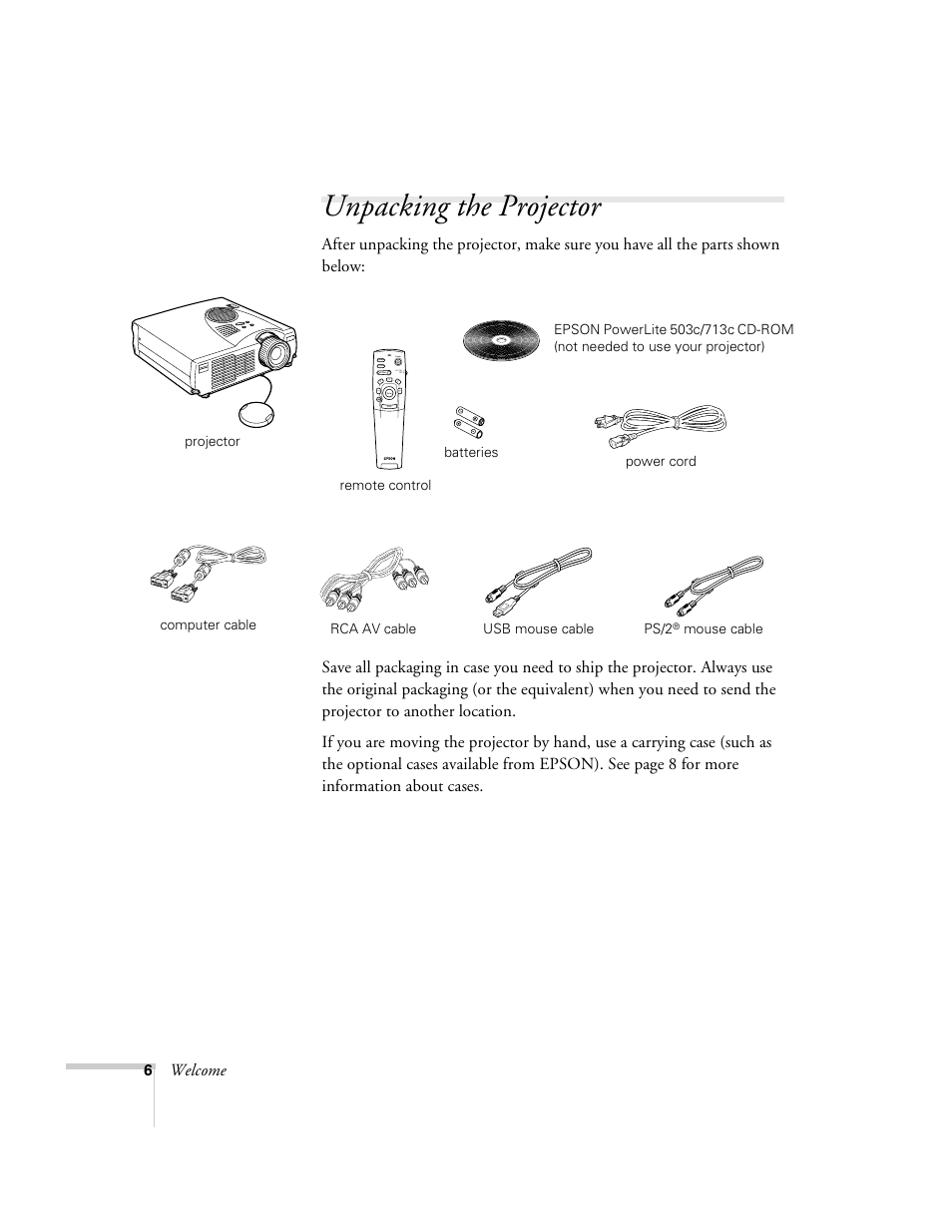 Unpacking the projector, Welcome, Projector | R/c on off, Mouse cable | Epson 503c User Manual | Page 12 / 105