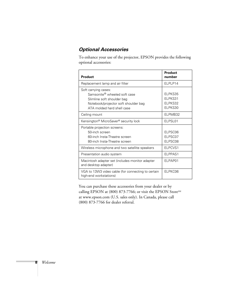 Optional accessories | Epson 503c User Manual | Page 14 / 105