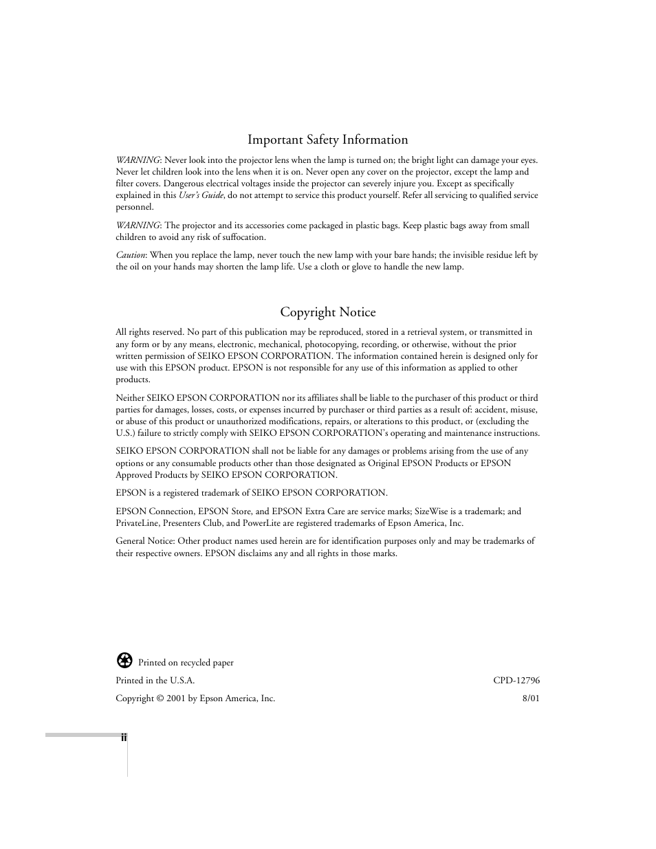 Important safety information, Copyright notice | Epson 503c User Manual | Page 2 / 105