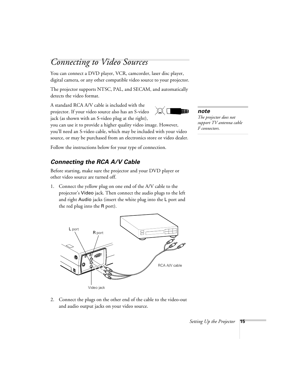 Connecting to video sources, Connecting the rca a/v cable | Epson 503c User Manual | Page 21 / 105