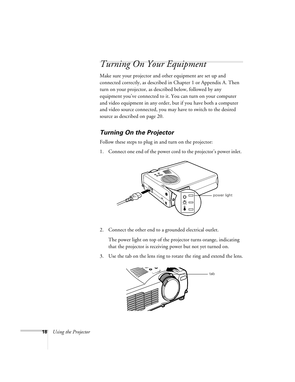 Turning on your equipment, Turning on the projector | Epson 503c User Manual | Page 24 / 105