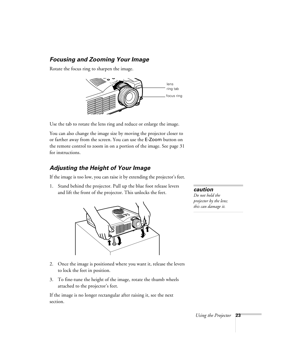 Focusing and zooming your image, Adjusting the height of your image | Epson 503c User Manual | Page 29 / 105