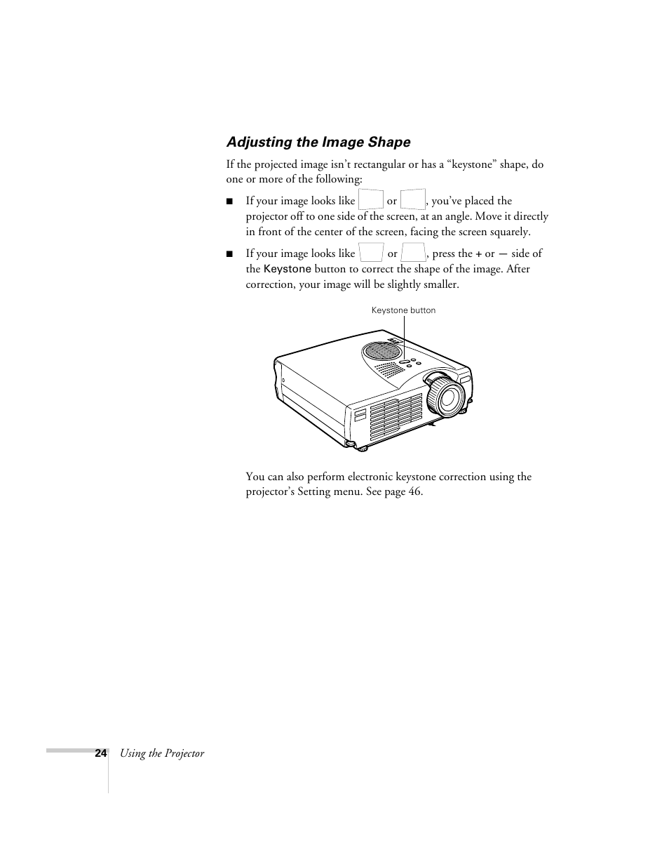 Adjusting the image shape | Epson 503c User Manual | Page 30 / 105