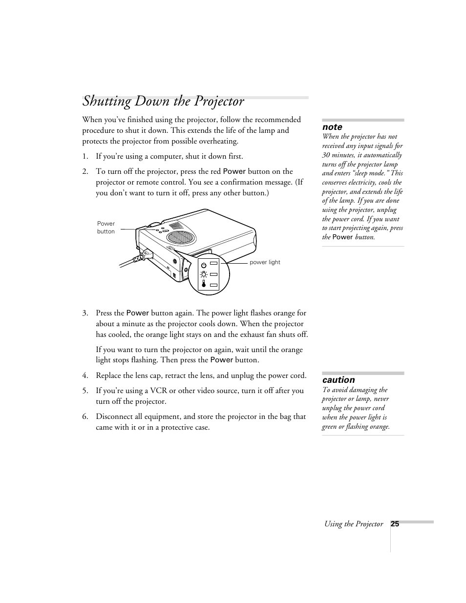 Shutting down the projector | Epson 503c User Manual | Page 31 / 105
