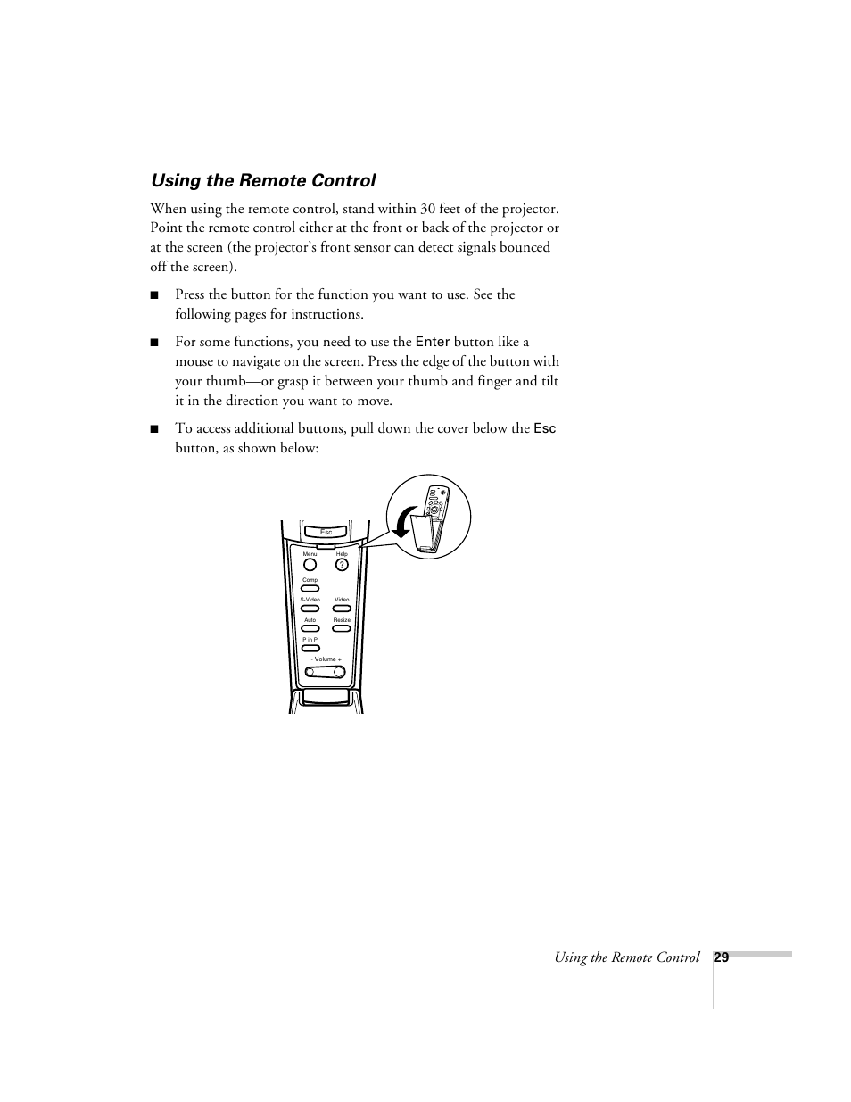 Using the remote control, For some functions, you need to use the, Button, as shown below | Enter | Epson 503c User Manual | Page 35 / 105