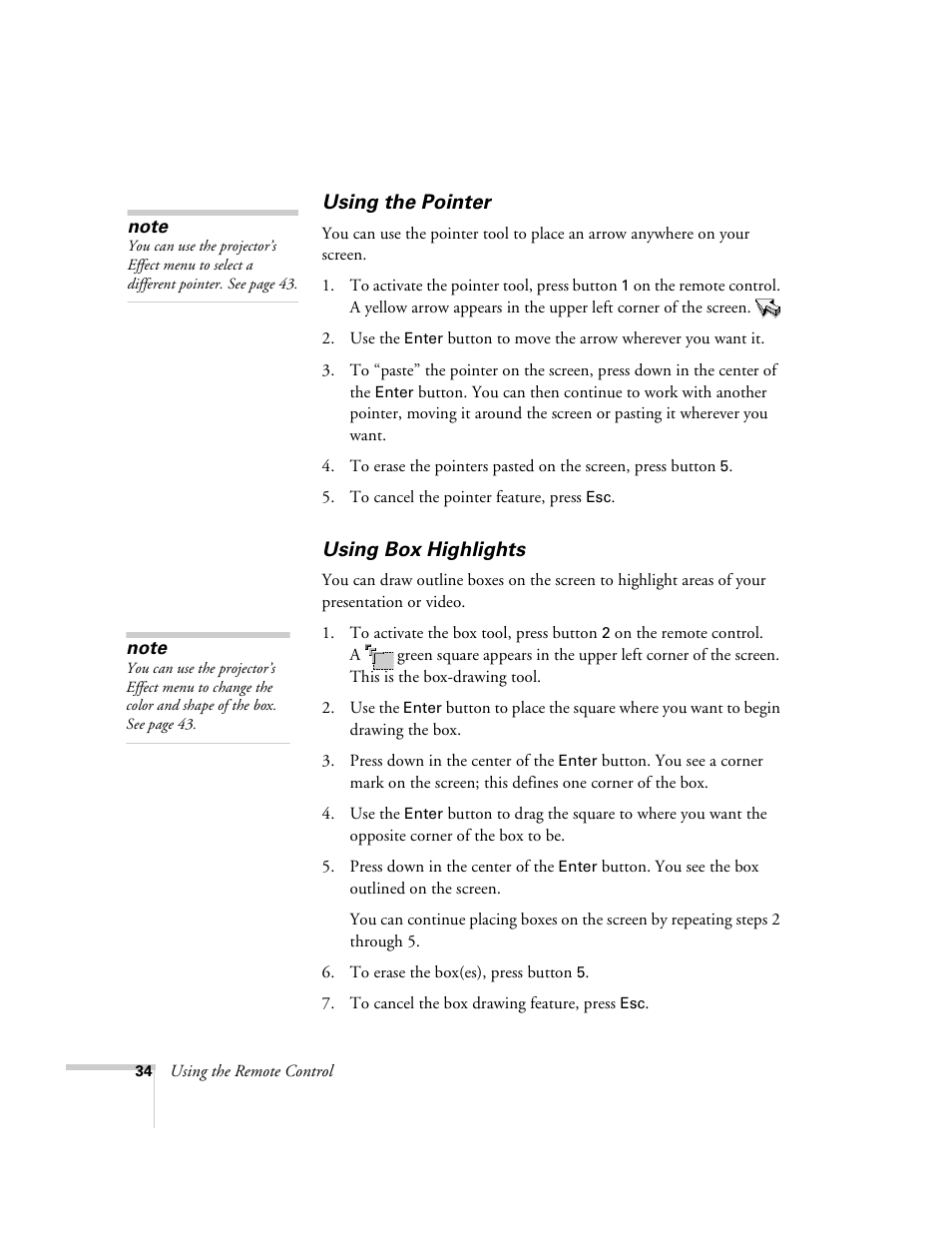 Using the pointer, Using box highlights, Using the pointer using box highlights | Epson 503c User Manual | Page 40 / 105
