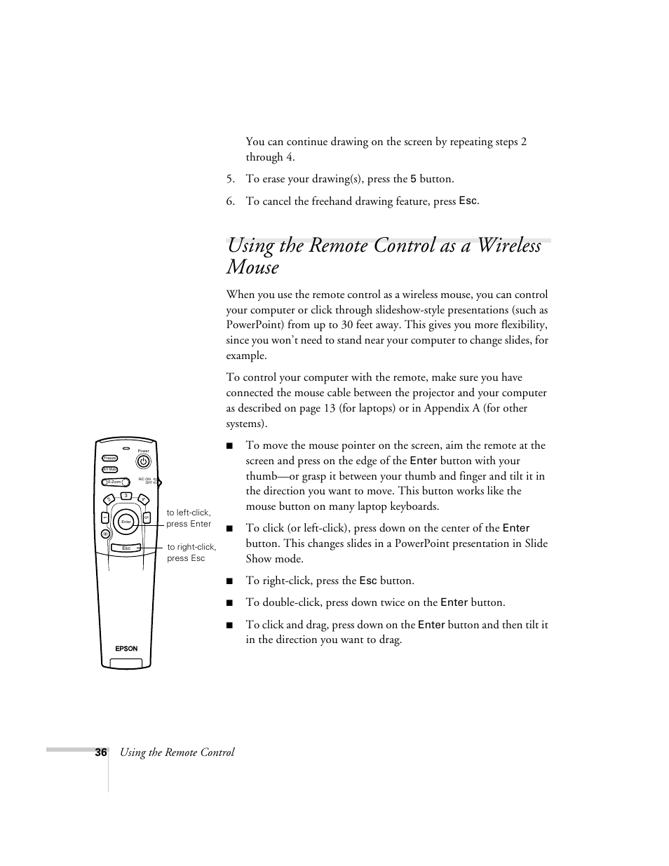 Using the remote control as a wireless mouse, Button | Epson 503c User Manual | Page 42 / 105