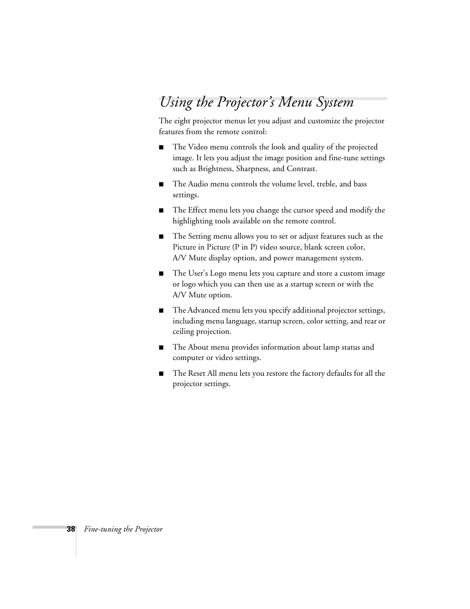 Using the projector’s menu system | Epson 503c User Manual | Page 44 / 105