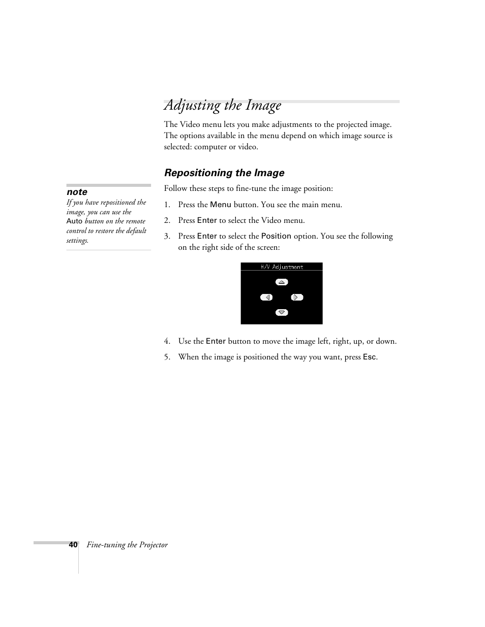 Adjusting the image, Repositioning the image | Epson 503c User Manual | Page 46 / 105
