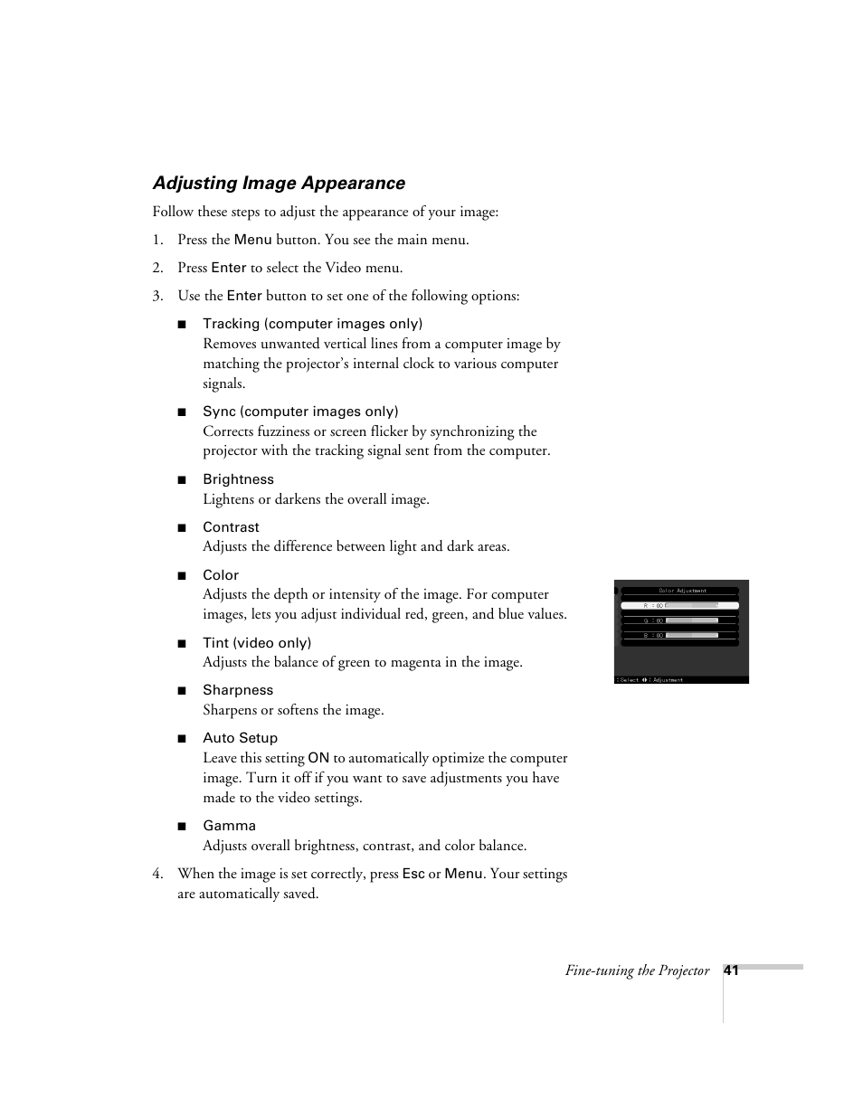 Adjusting image appearance | Epson 503c User Manual | Page 47 / 105