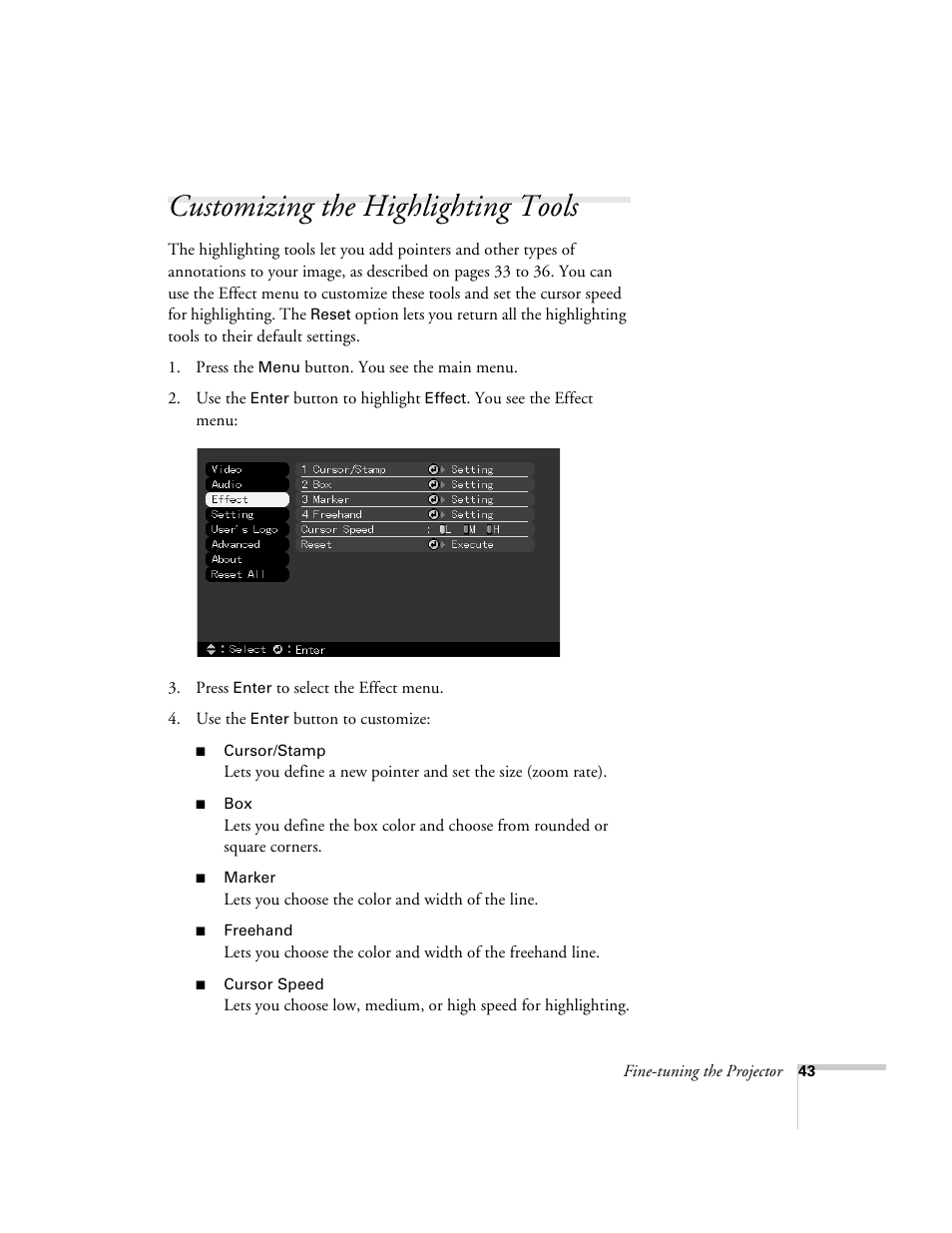 Customizing the highlighting tools | Epson 503c User Manual | Page 49 / 105