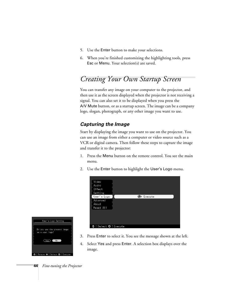 Creating your own startup screen, Capturing the image | Epson 503c User Manual | Page 50 / 105