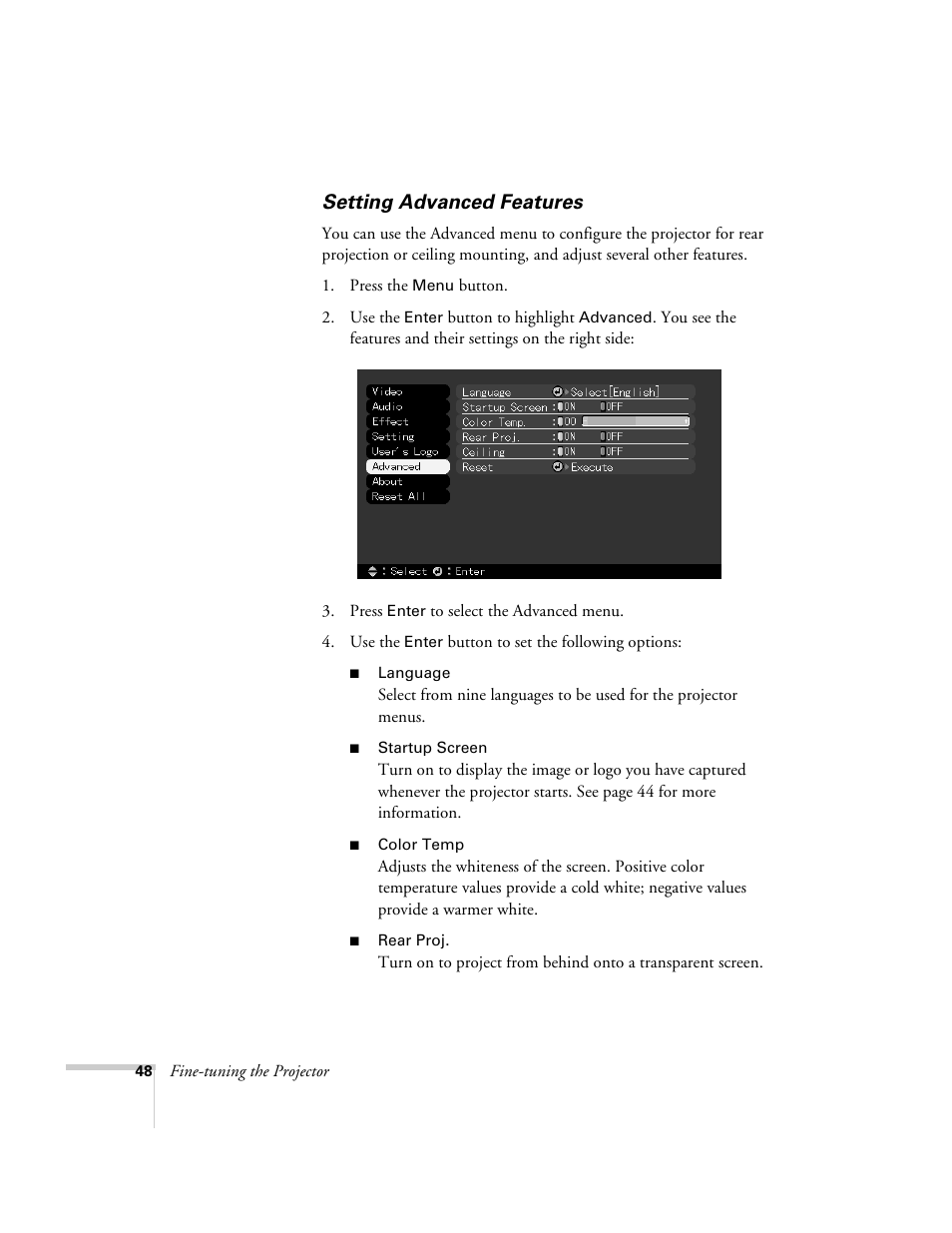 Setting advanced features | Epson 503c User Manual | Page 54 / 105