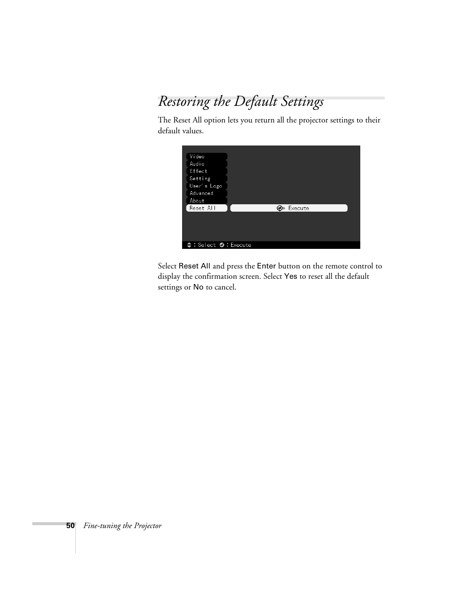 Restoring the default settings | Epson 503c User Manual | Page 56 / 105
