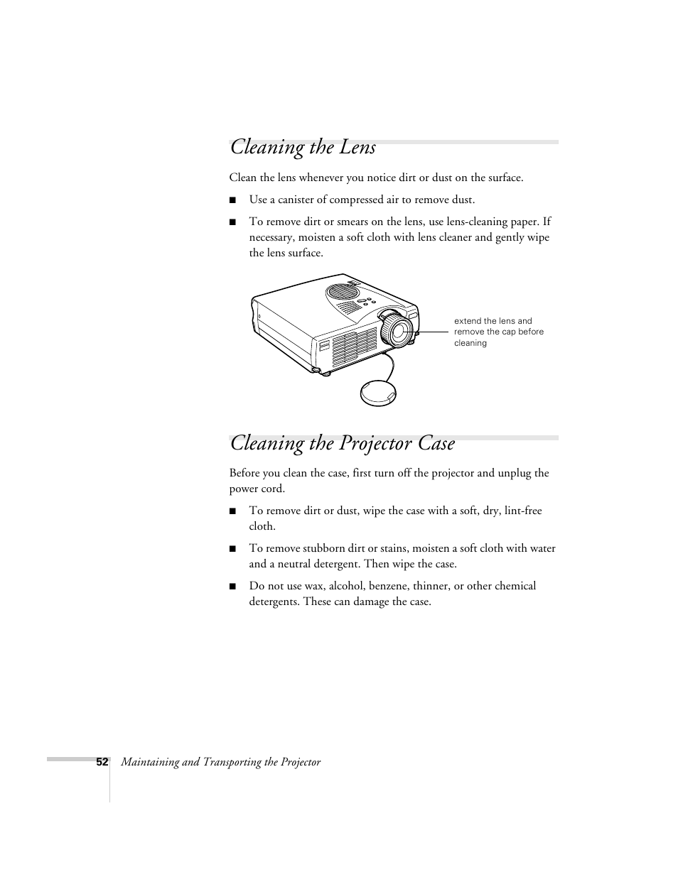 Cleaning the lens, Cleaning the projector case, Cleaning the lens cleaning the projector case | Epson 503c User Manual | Page 58 / 105