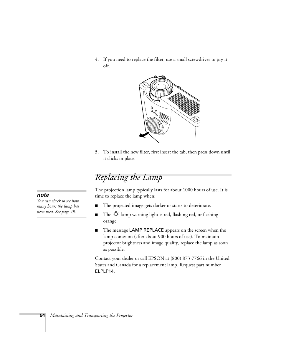 Replacing the lamp | Epson 503c User Manual | Page 60 / 105