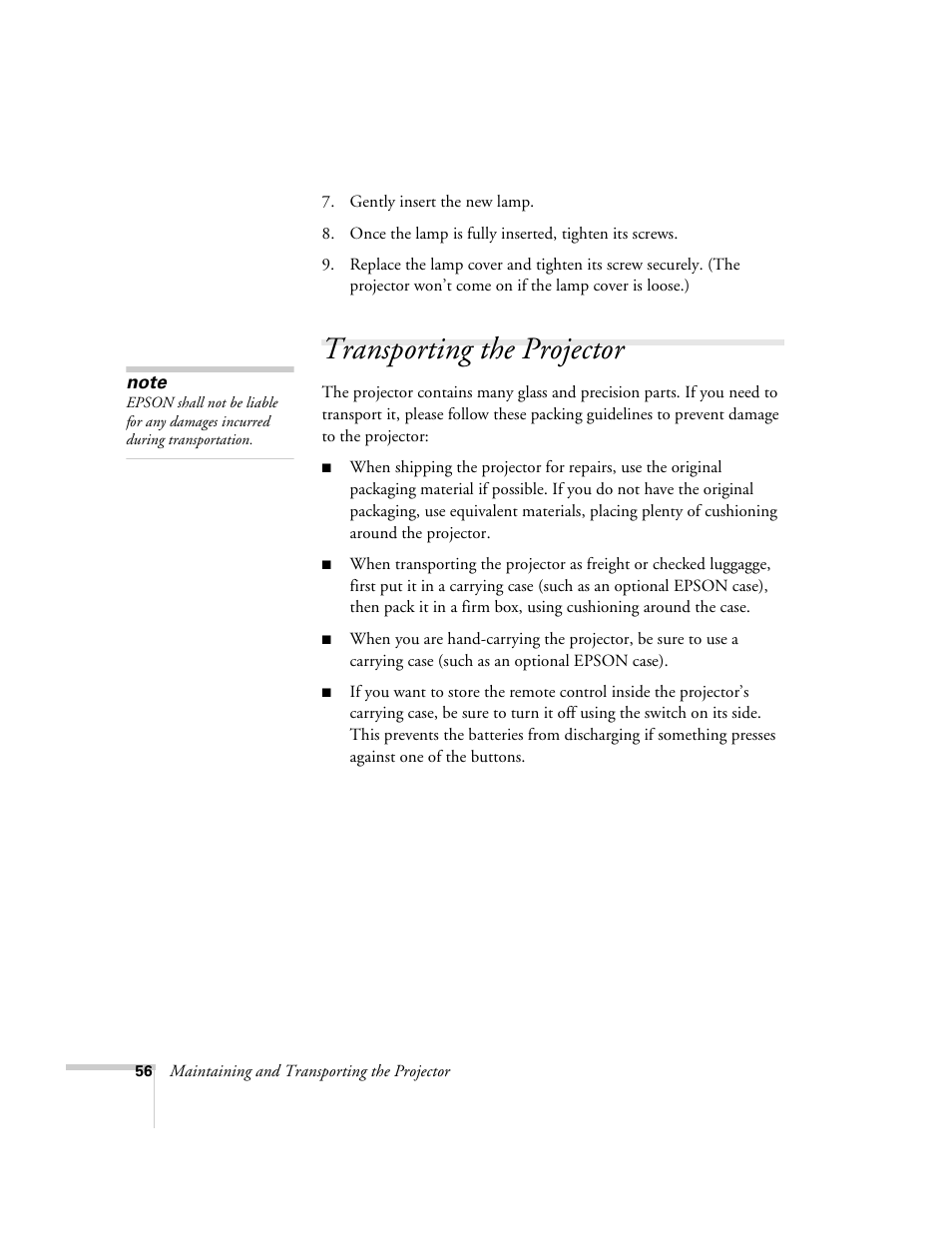 Transporting the projector | Epson 503c User Manual | Page 62 / 105