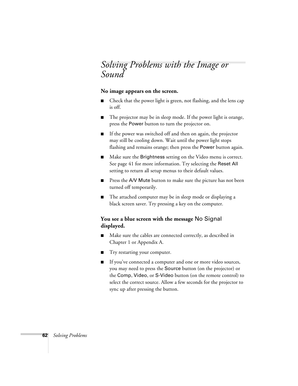 Solving problems with the image or sound | Epson 503c User Manual | Page 68 / 105