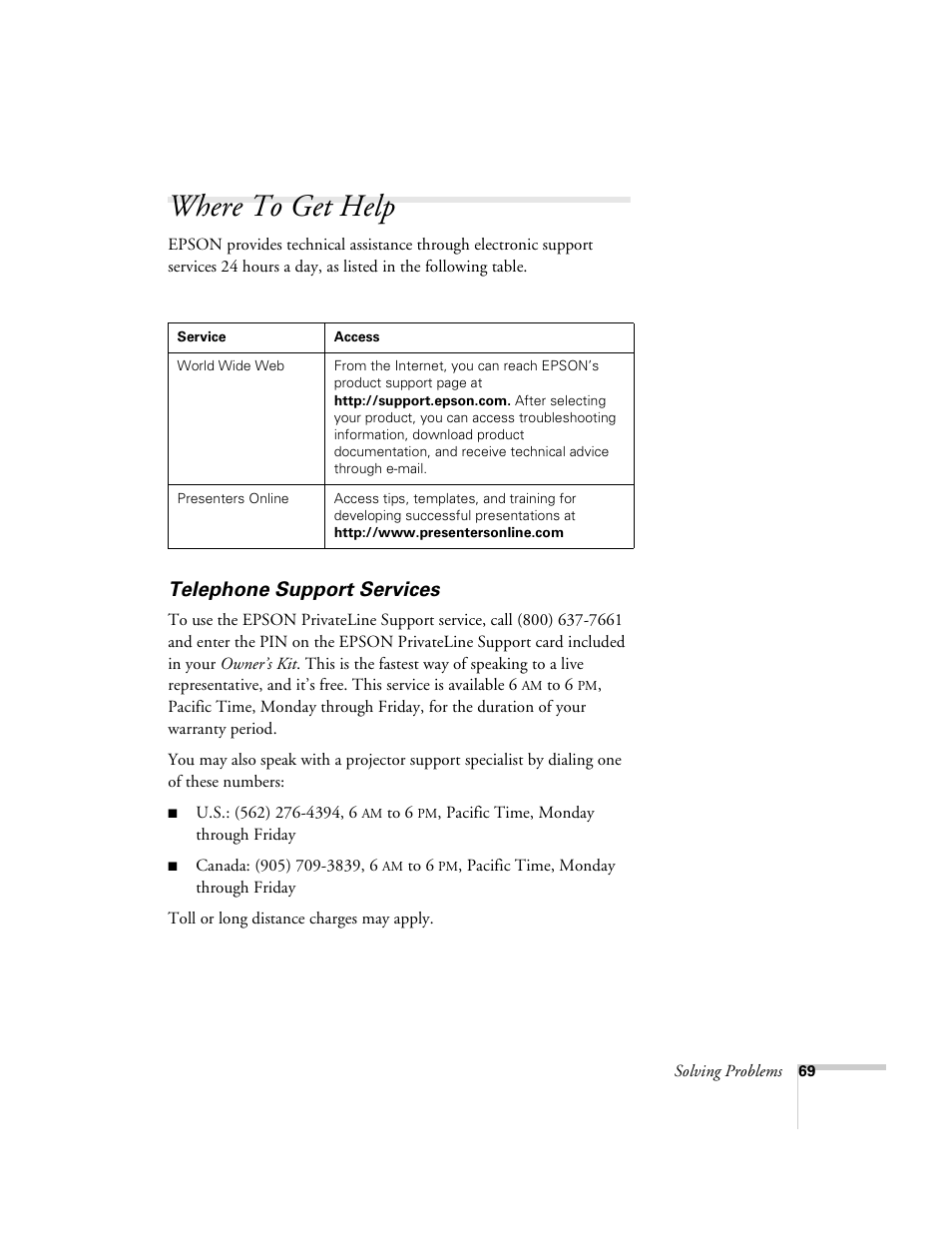 Where to get help, Telephone support services | Epson 503c User Manual | Page 75 / 105