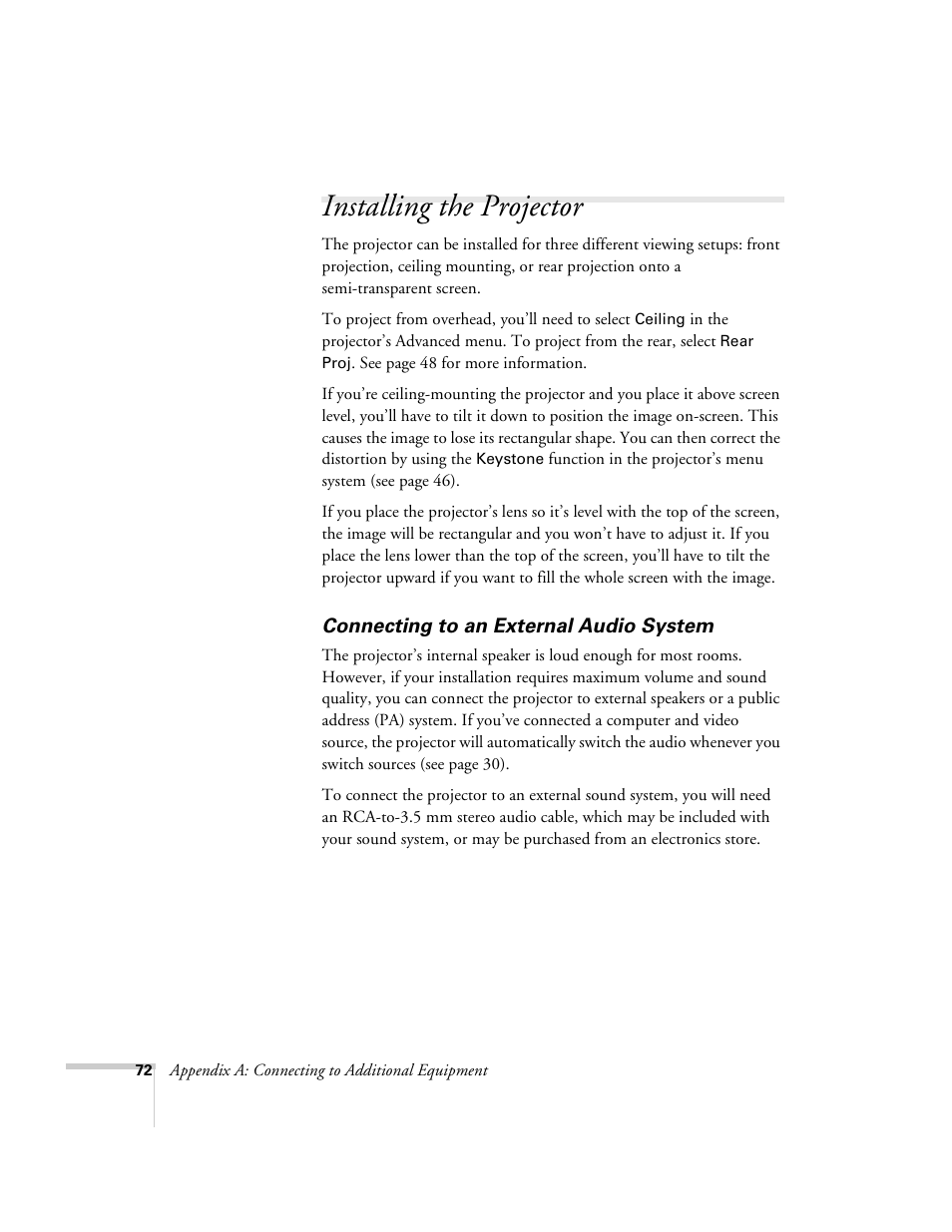 Installing the projector, Connecting to an external audio system | Epson 503c User Manual | Page 78 / 105