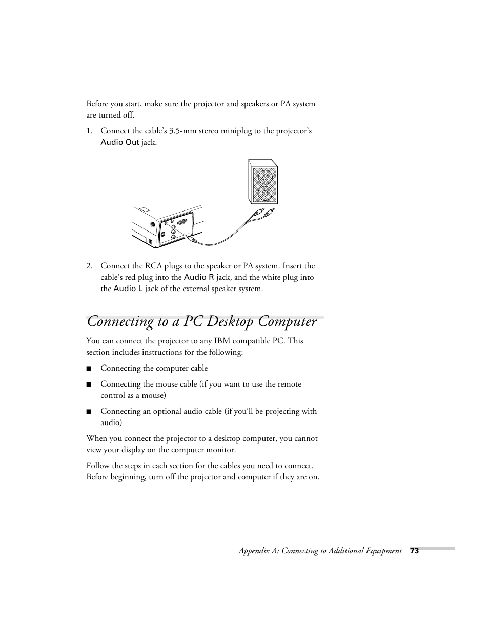 Connecting to a pc desktop computer | Epson 503c User Manual | Page 79 / 105