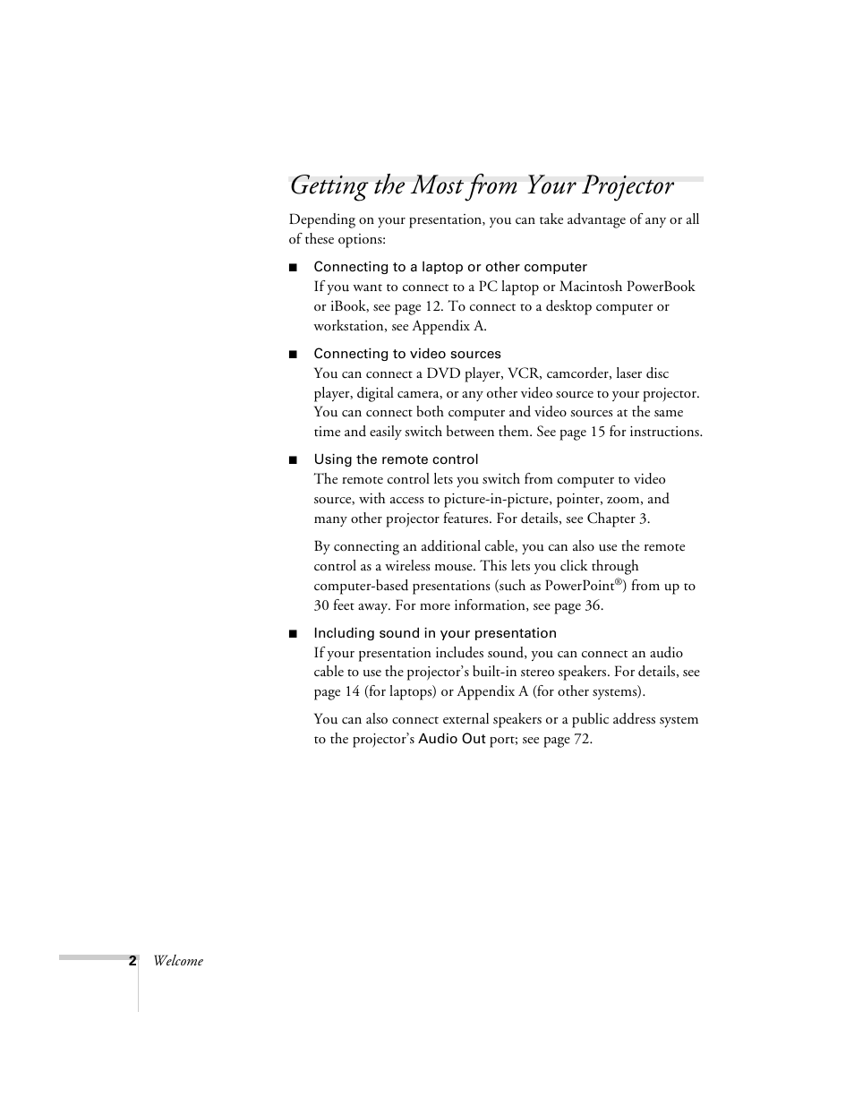 Getting the most from your projector | Epson 503c User Manual | Page 8 / 105