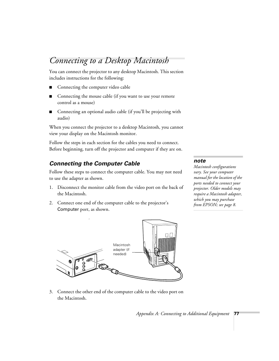 Connecting to a desktop macintosh, Connecting the computer cable | Epson 503c User Manual | Page 83 / 105