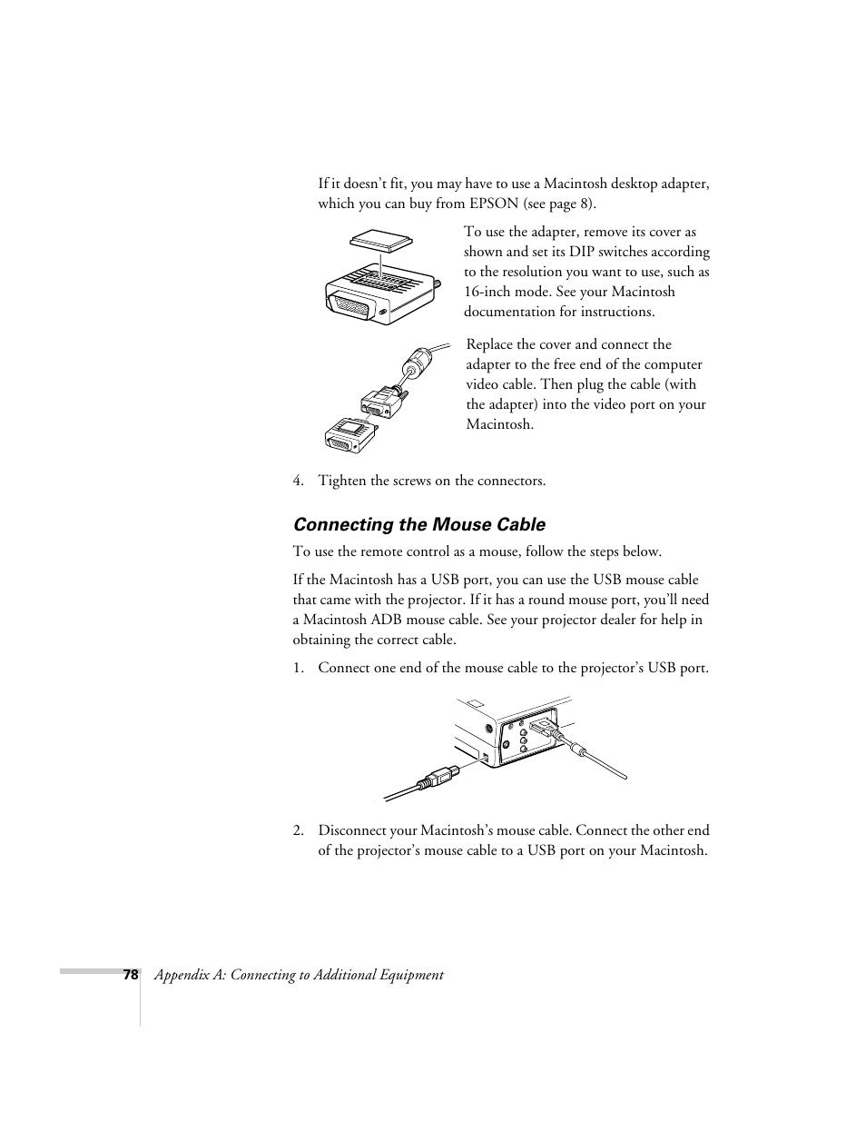 Connecting the mouse cable | Epson 503c User Manual | Page 84 / 105