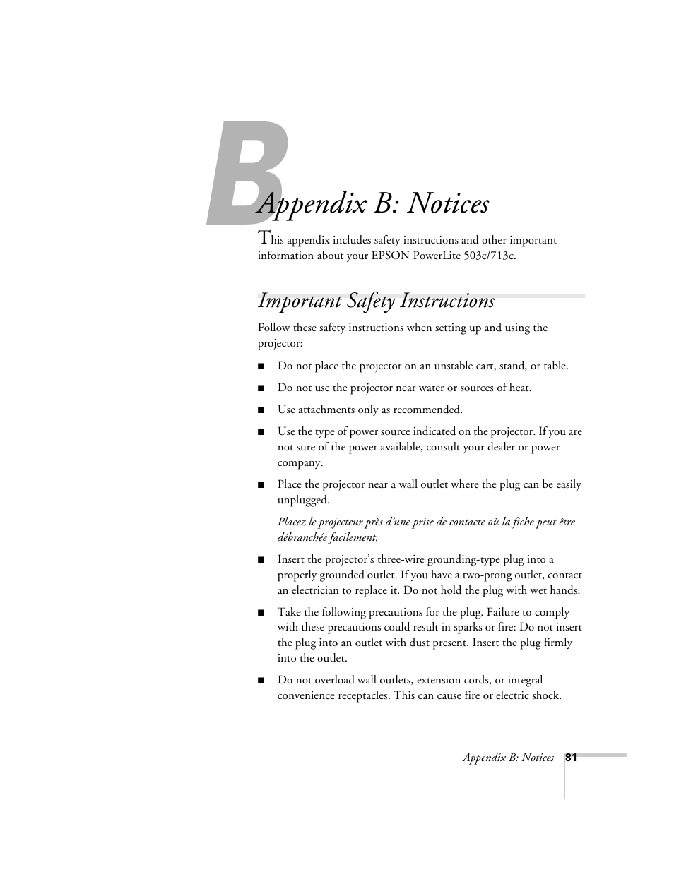 Appendix b: notices, Important safety instructions | Epson 503c User Manual | Page 87 / 105