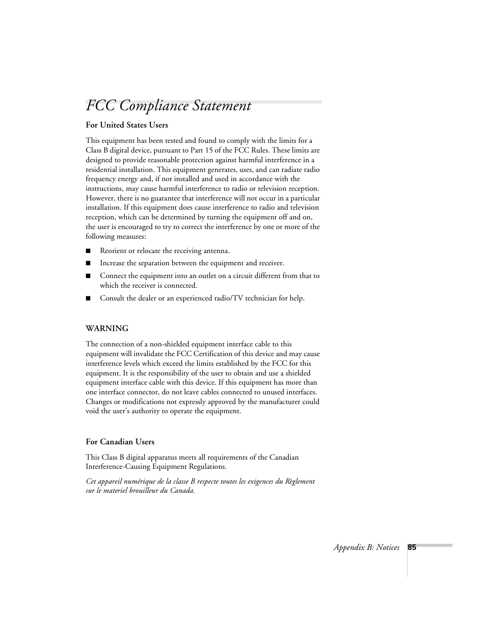 Fcc compliance statement | Epson 503c User Manual | Page 91 / 105