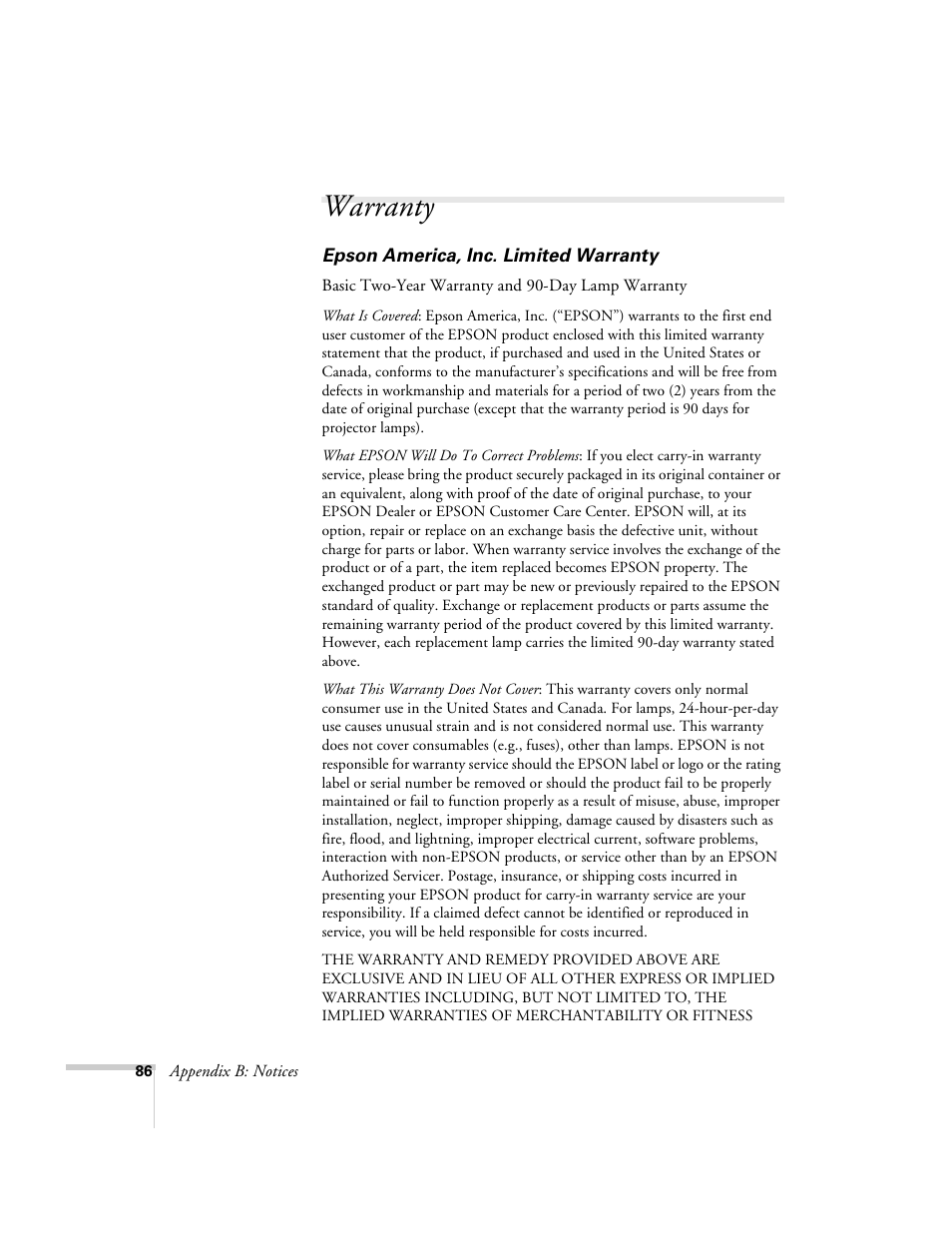 Warranty | Epson 503c User Manual | Page 92 / 105