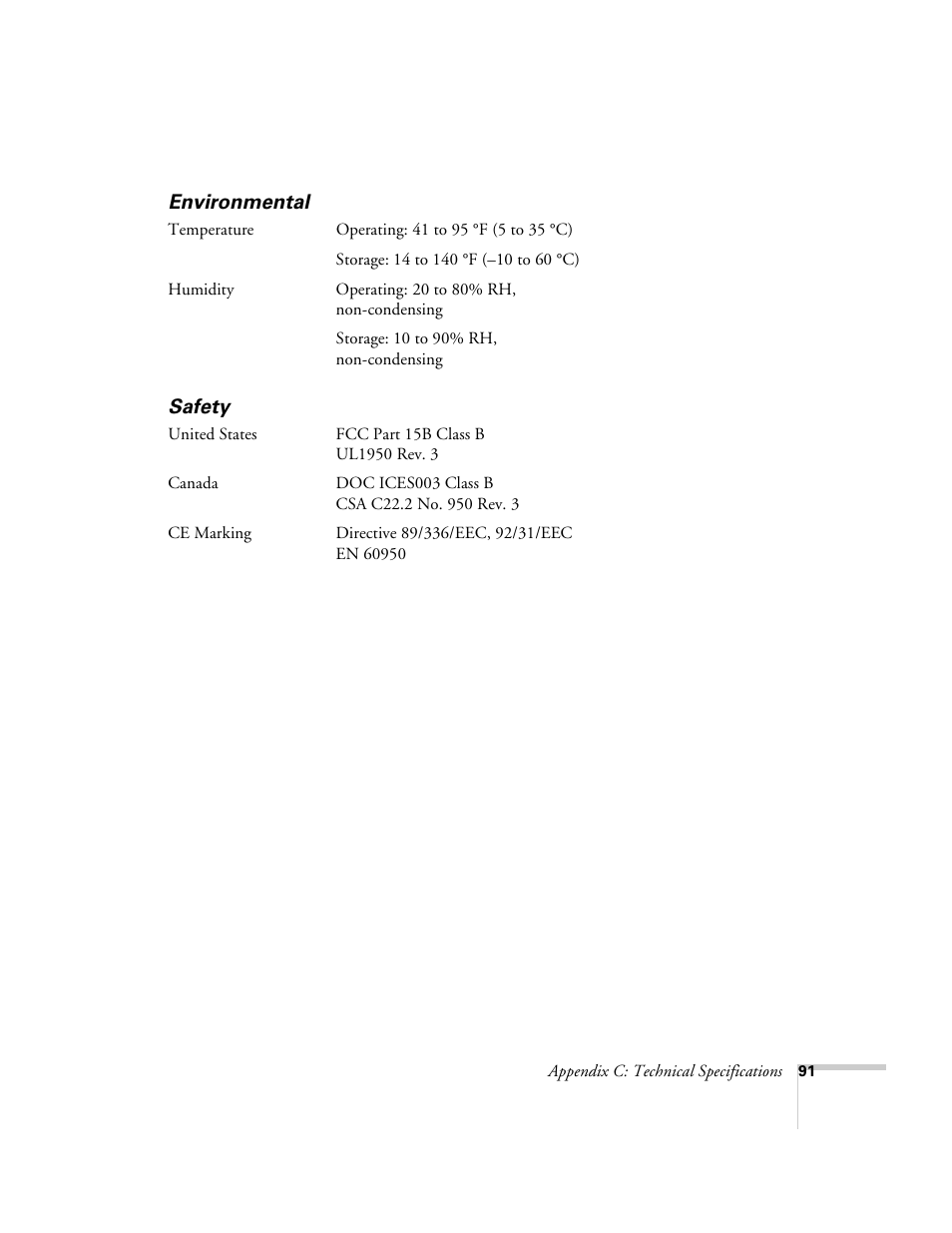 Environmental, Safety, Environmental safety | Epson 503c User Manual | Page 97 / 105