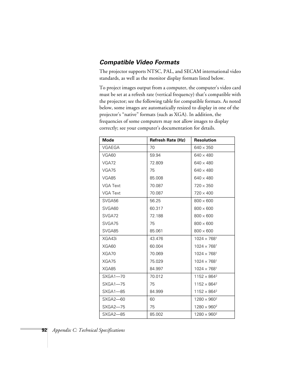 Compatible video formats, Appendix c: technical specifications | Epson 503c User Manual | Page 98 / 105