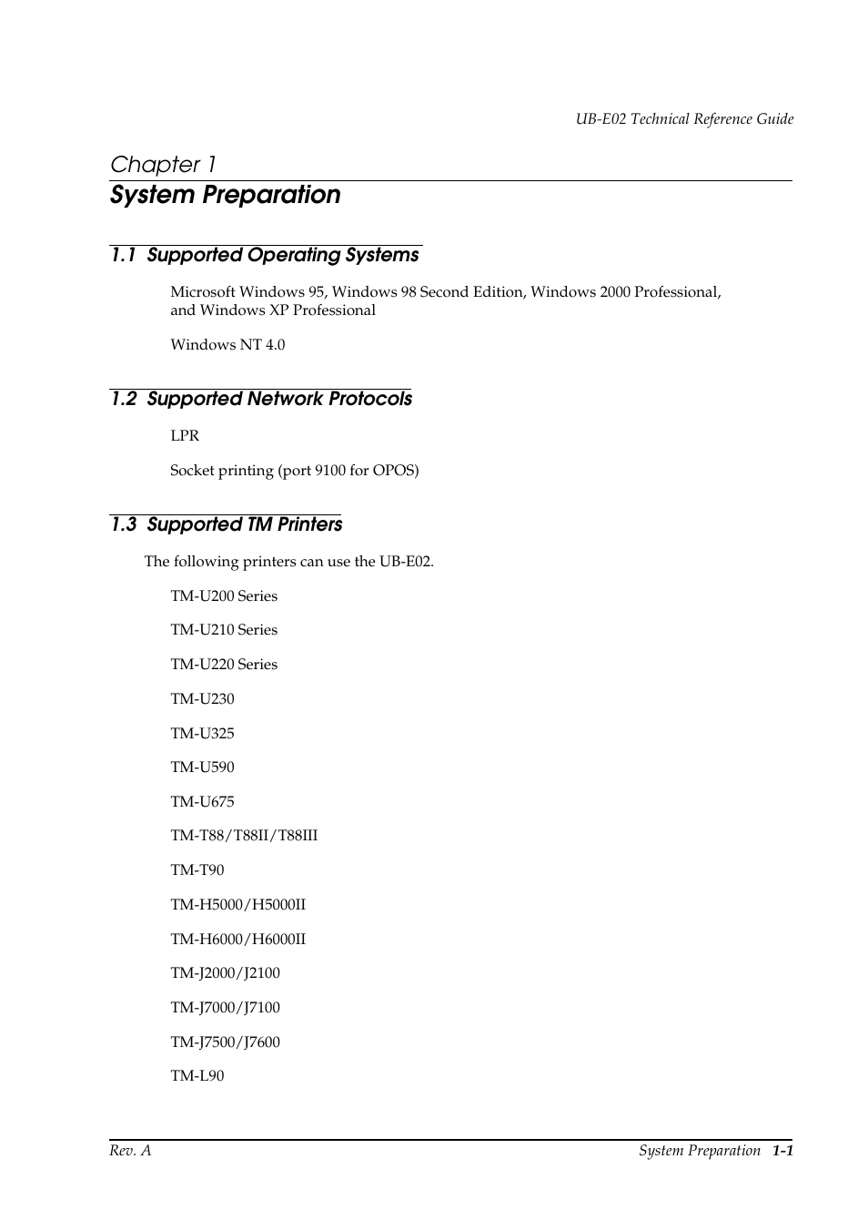 Chapter 1, System preparation, 1 supported operating systems | 2 supported network protocols, 3 supported tm printers, Chapter 1 system preparation | Epson UB E02 User Manual | Page 15 / 86