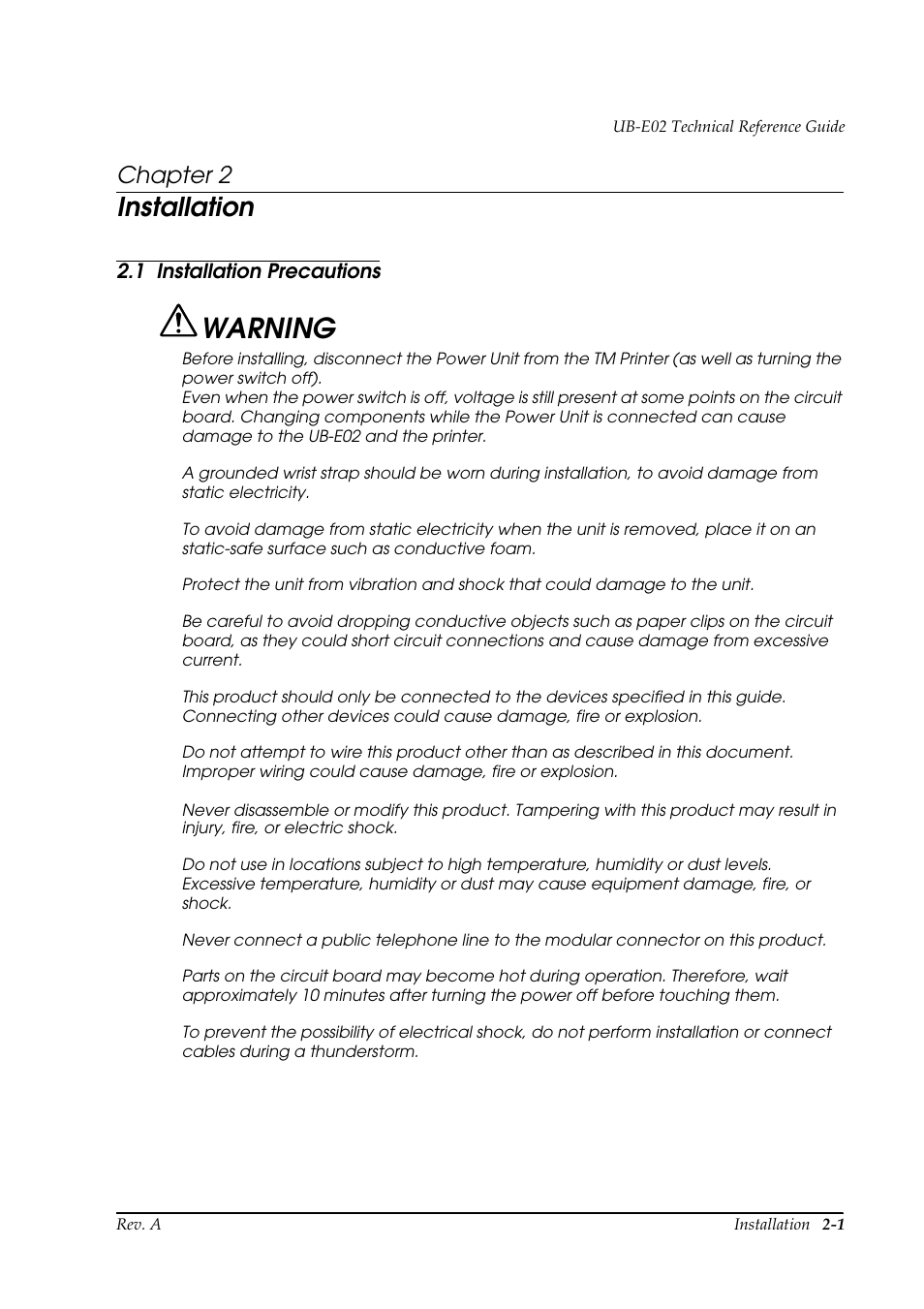 Chapter 2, Installation, 1 installation precautions | Chapter 2 installation, Installation precautions -1, Warning | Epson UB E02 User Manual | Page 17 / 86