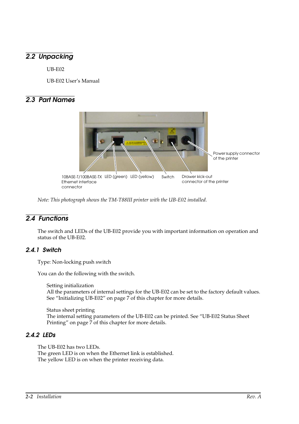 2 unpacking, 3 part names, 4 functions | 1 switch, 2 leds, Unpacking -2 part names -2 functions -2, Switch -2 leds -2 | Epson UB E02 User Manual | Page 18 / 86