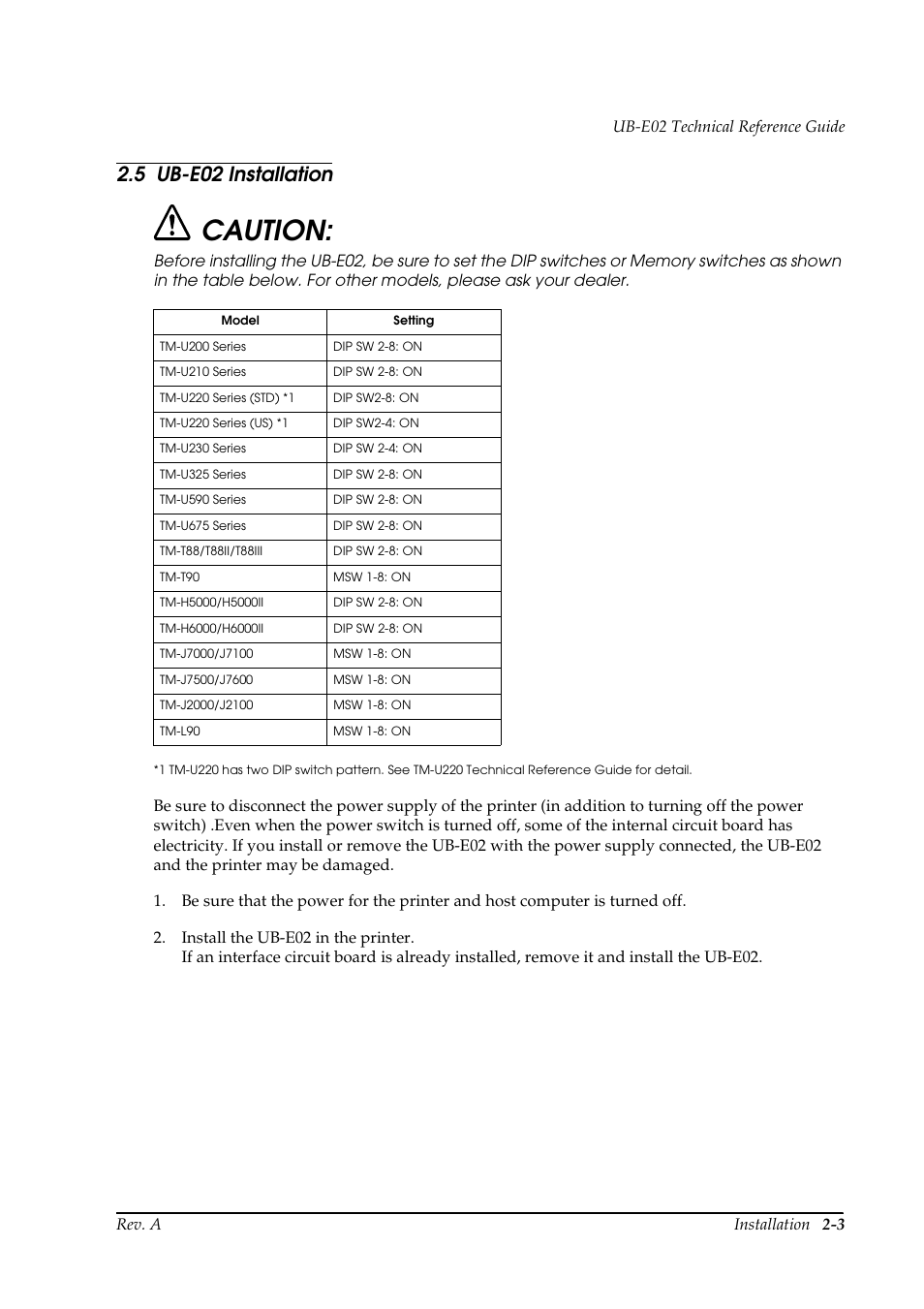 5 ub-e02 installation, Ub-e02 installation -3, Caution | Epson UB E02 User Manual | Page 19 / 86