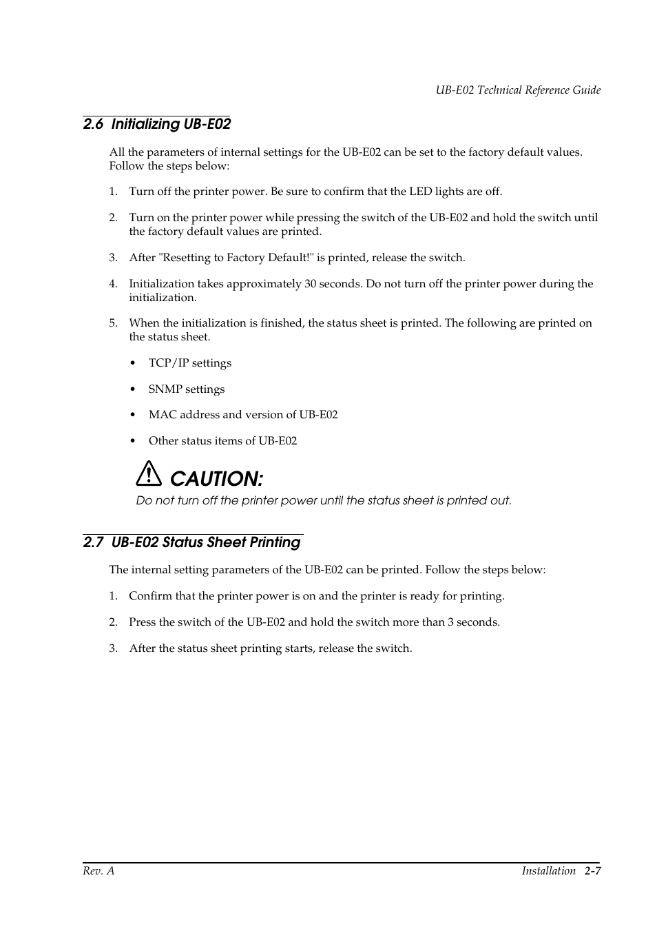 6 initializing ub-e02, 7 ube02 status sheet printing, Caution | 7 ub-e02 status sheet printing | Epson UB E02 User Manual | Page 23 / 86