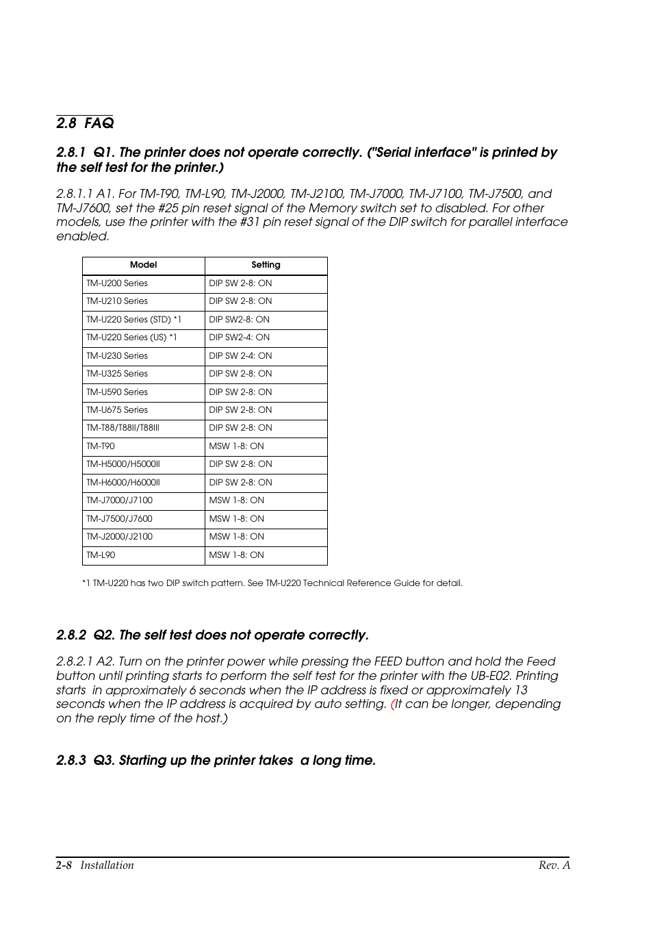8 faq, 2 q2. the self test does not operate correctly, 3 q3. starting up the printer takes a long time | Faq -7, Q1. the printer does not operate correctly | Epson UB E02 User Manual | Page 24 / 86