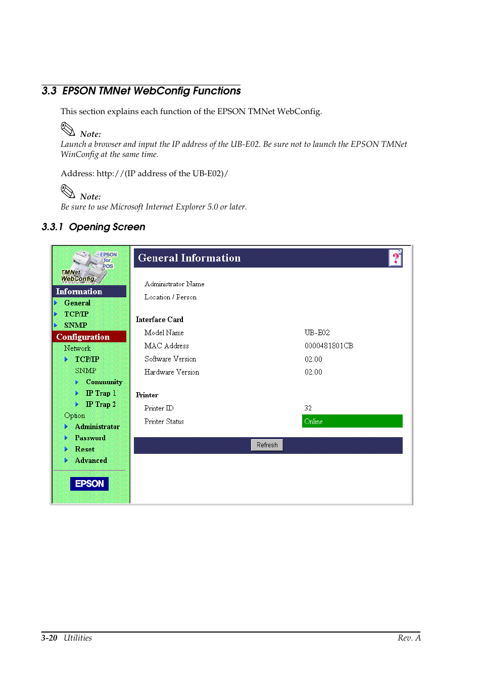3 epson tmnet webconfig functions, 1 opening screen, Epson tmnet webconfig functions -20 | Opening screen -20 | Epson UB E02 User Manual | Page 46 / 86