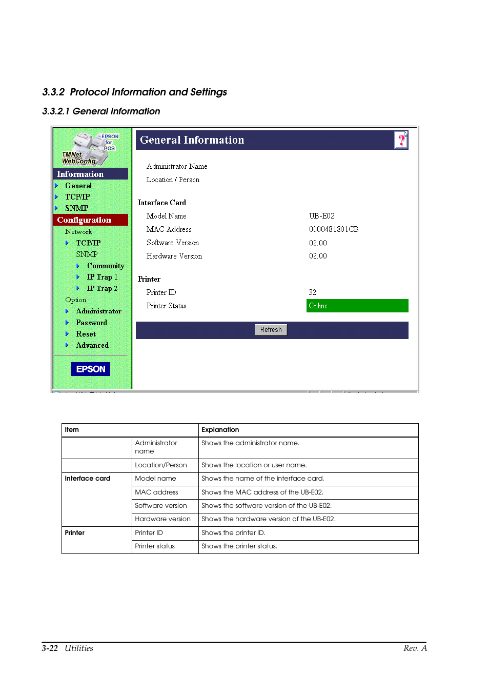 2 protocol information and settings, Protocol information and settings -22, 1 general information | Epson UB E02 User Manual | Page 48 / 86