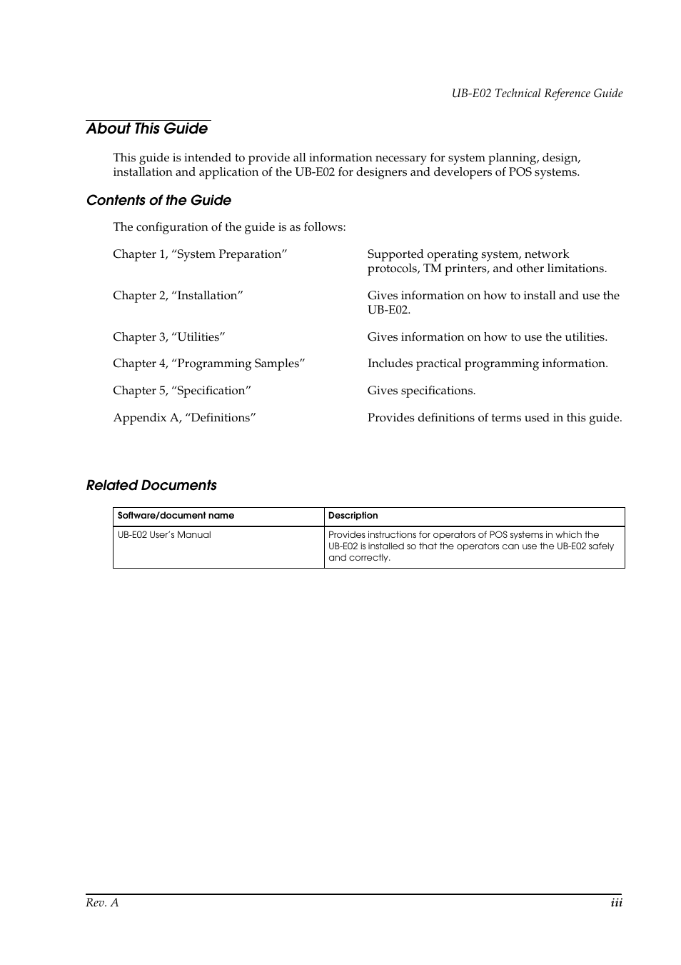 About this guide, Contents of the guide, Related documents | Epson UB E02 User Manual | Page 5 / 86