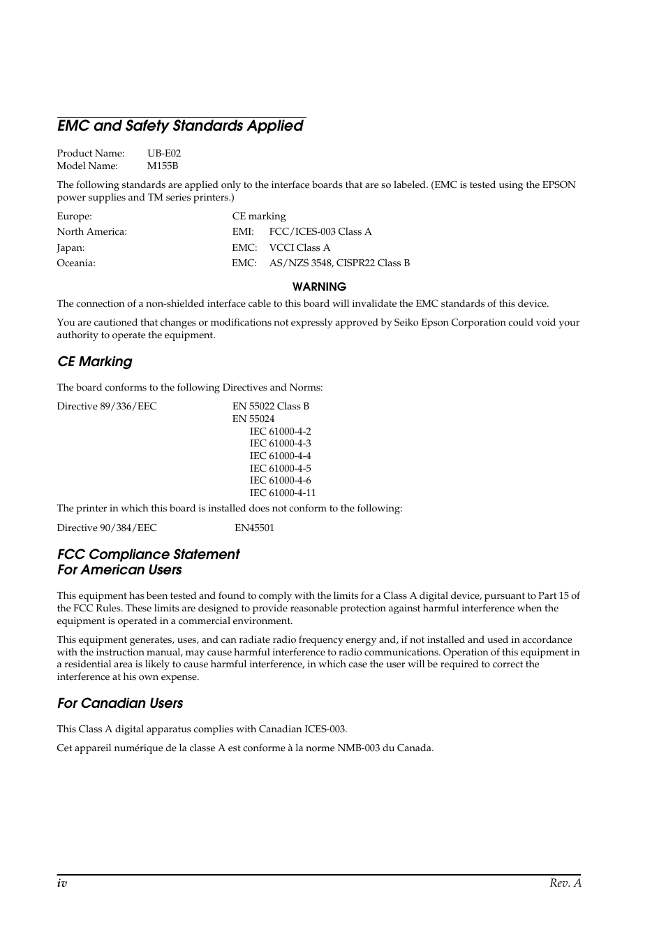 Emc and safety standards applied, Ce marking, Fcc compliance statement for american users | For canadian users | Epson UB E02 User Manual | Page 6 / 86