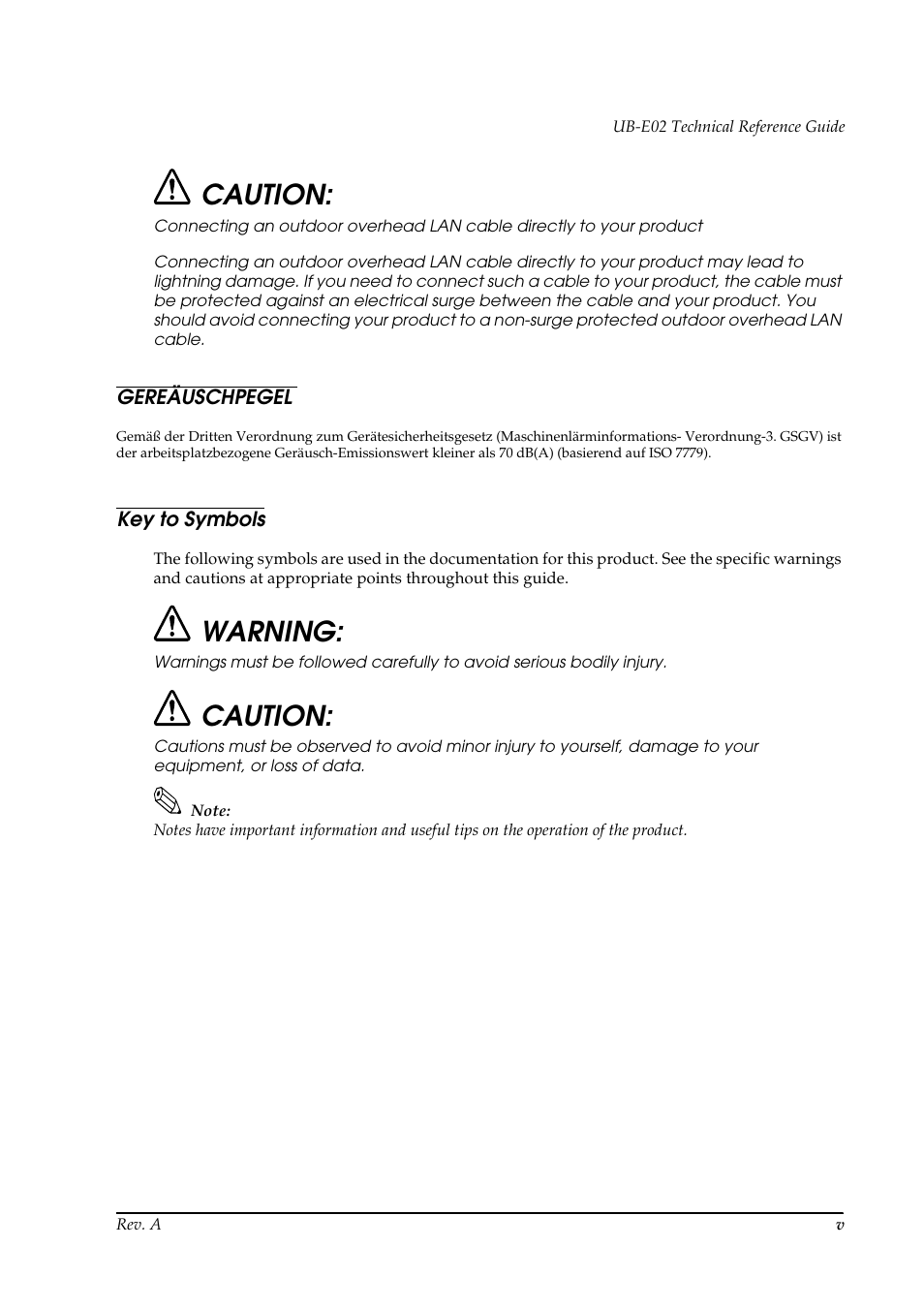 Gereäuschpegel, Key to symbols, Caution | Warning | Epson UB E02 User Manual | Page 7 / 86