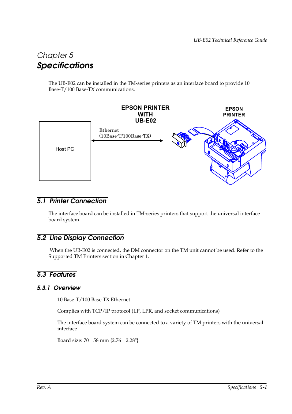 Chapter 5, Specifications, 1 printer connection | 2 line display connection, 3 features, 1 overview, Chapter 5 specifications, Overview -1 | Epson UB E02 User Manual | Page 73 / 86