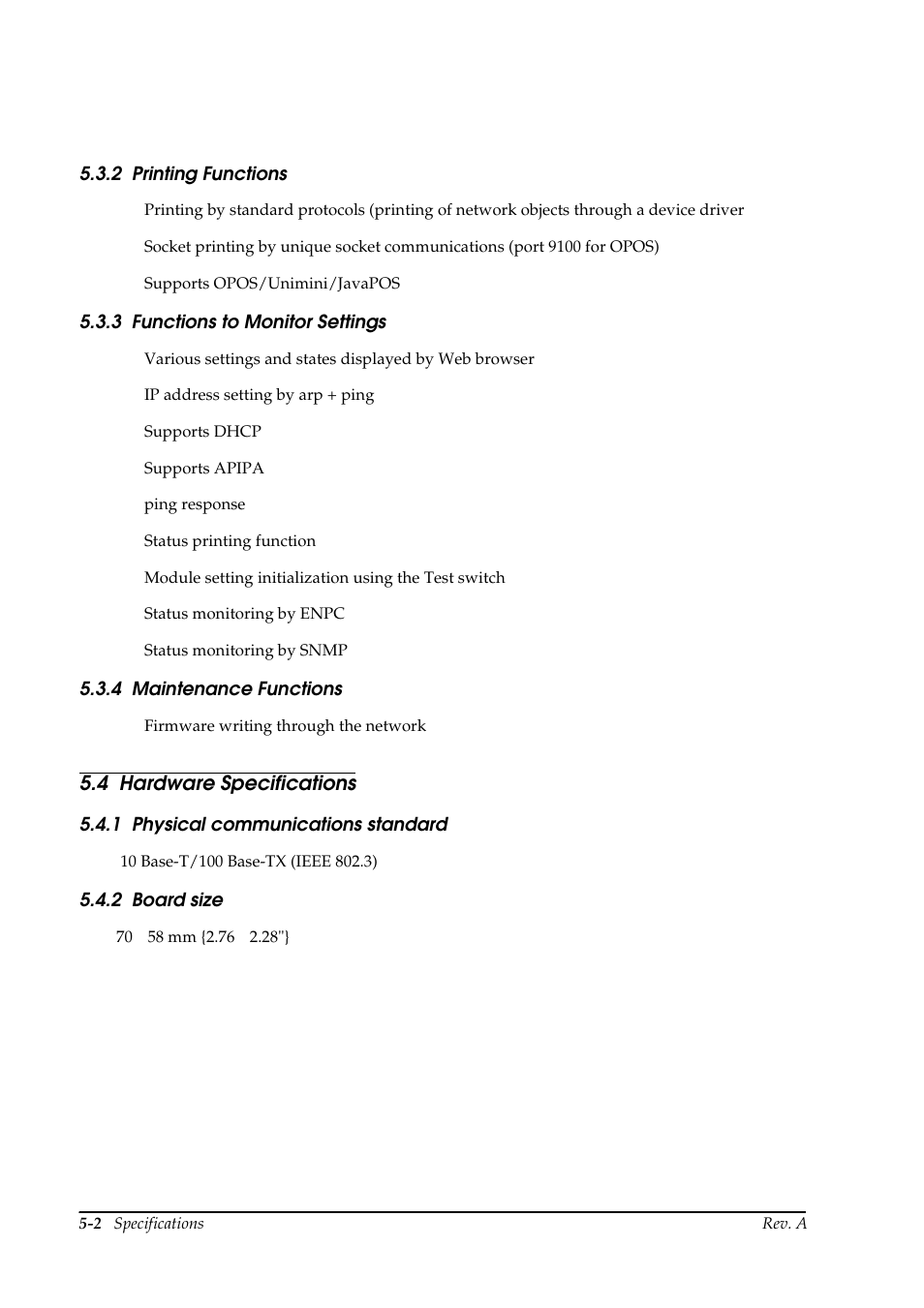 2 printing functions, 3 functions to monitor settings, 4 maintenance functions | 4 hardware specifications, 1 physical communications standard, 2 board size, Hardware specifications -2, Physical communications standard -2 board size -2 | Epson UB E02 User Manual | Page 74 / 86