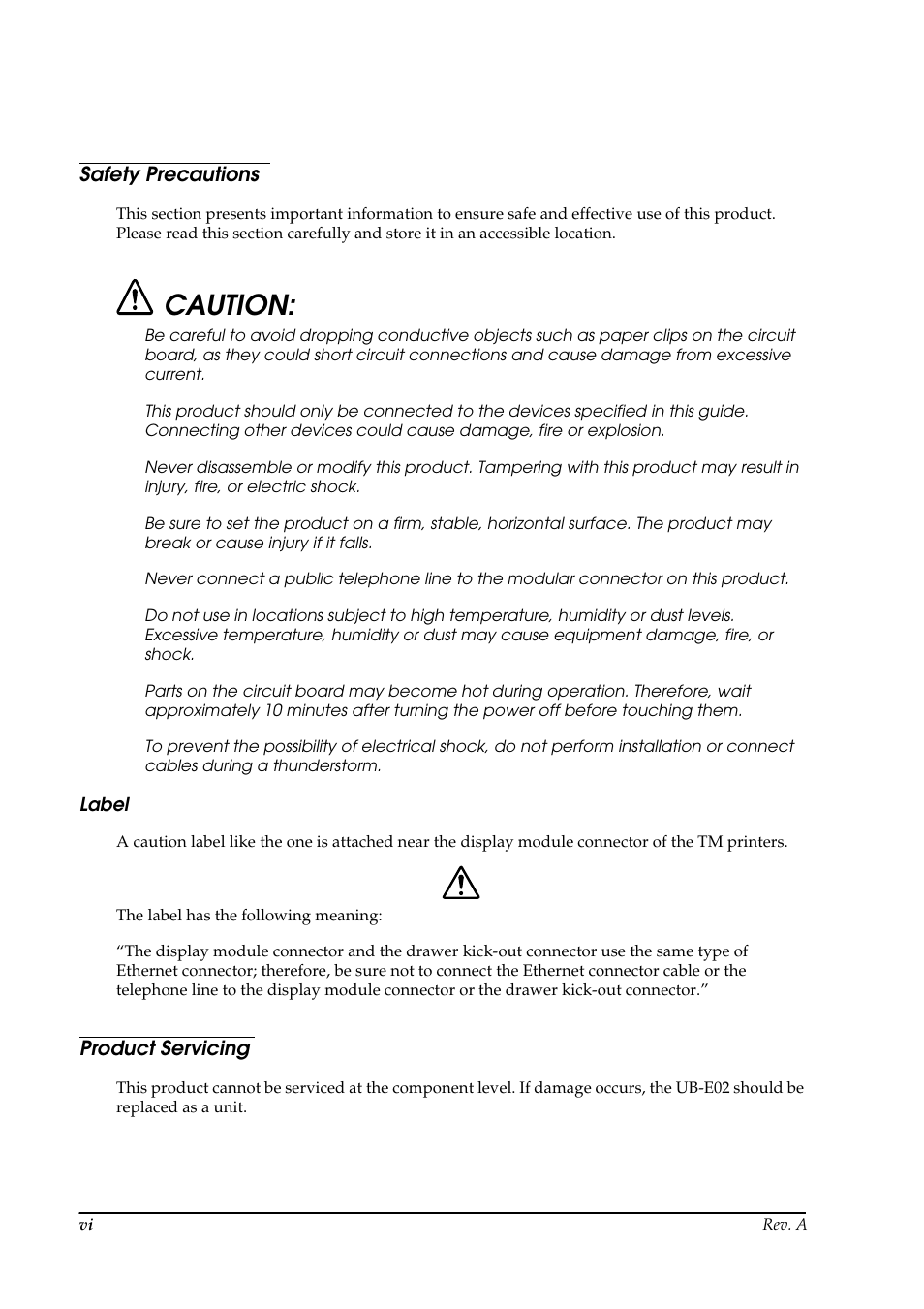 Safety precautions, Label, Product servicing | Caution | Epson UB E02 User Manual | Page 8 / 86