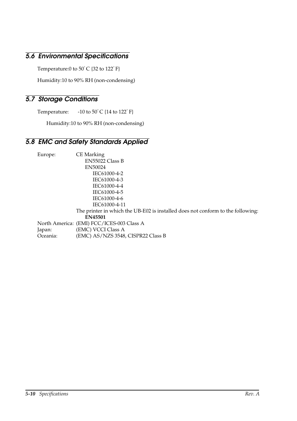 6 environmental specifications, 7 storage conditions, 8 emc and safety standards applied | Epson UB E02 User Manual | Page 82 / 86